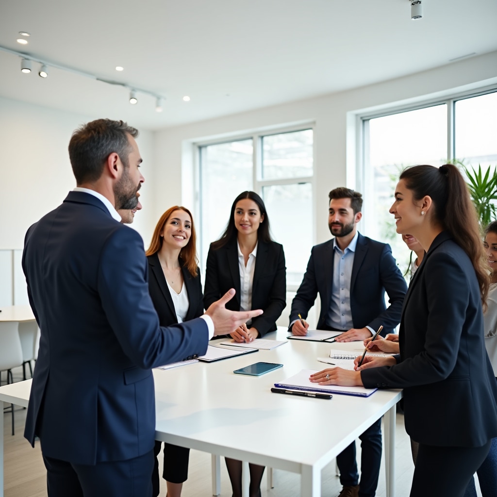 Mid-sized company team collaborating in modern Argentine office environment