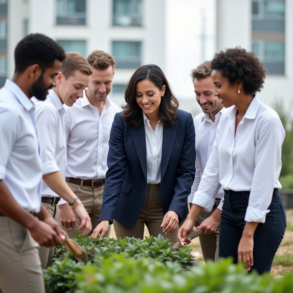 Corporate team volunteering together in community setting