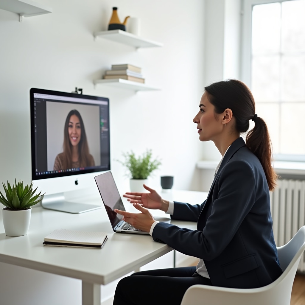 Employee conducting virtual volunteering session from home office providing remote mentorship